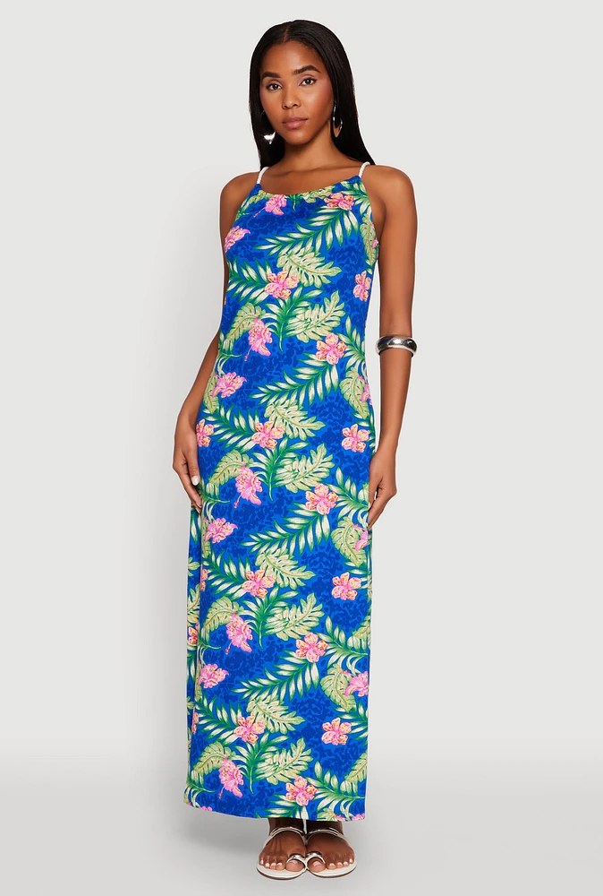 Womens Tropical Floral Print Maxi Sundress, Multi,
