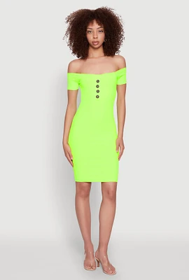 Womens Faux Button Detail Off the Shoulder Mini Dress,