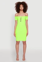 Womens Faux Button Detail Off the Shoulder Mini Dress,