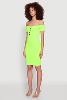 Womens Faux Button Detail Off the Shoulder Mini Dress,