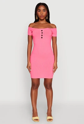 Womens Faux Button Detail Off the Shoulder Mini Dress,