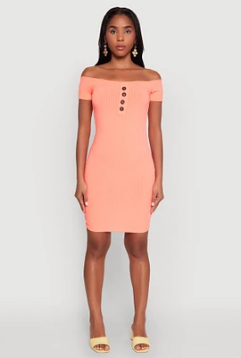 Womens Faux Button Detail Off the Shoulder Mini Dress, Orange, Size M