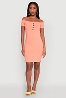 Womens Faux Button Detail Off the Shoulder Mini Dress, Orange, Size M
