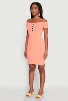 Womens Faux Button Detail Off the Shoulder Mini Dress, Orange, Size M
