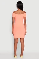 Womens Faux Button Detail Off the Shoulder Mini Dress, Orange, Size M