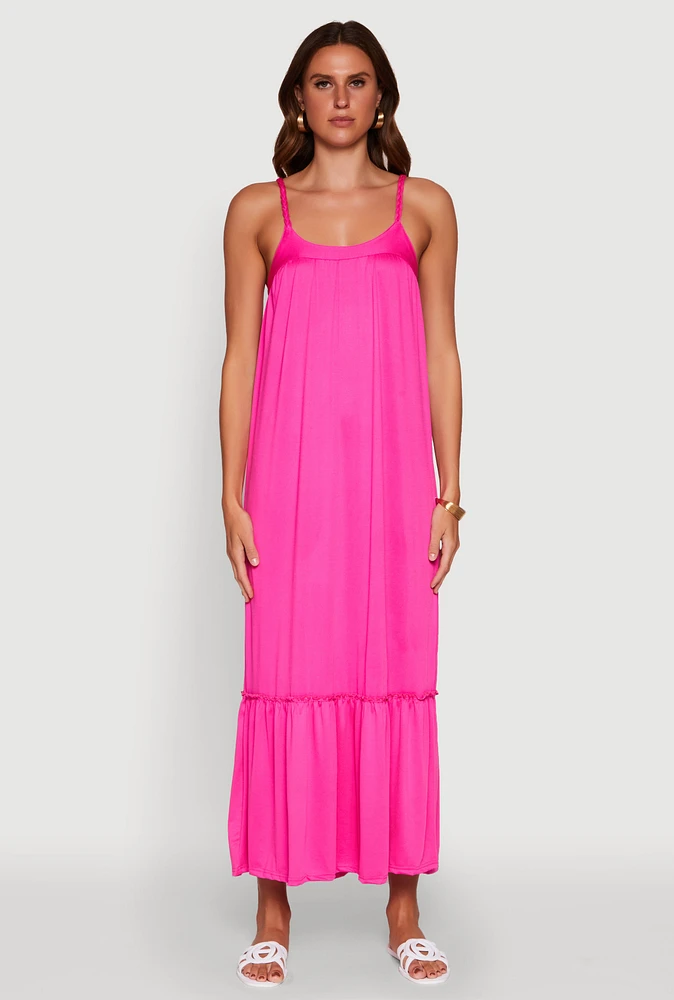 Womens Elegant Braided Sleeve Tiered Maxi Dress, Pink, Size M