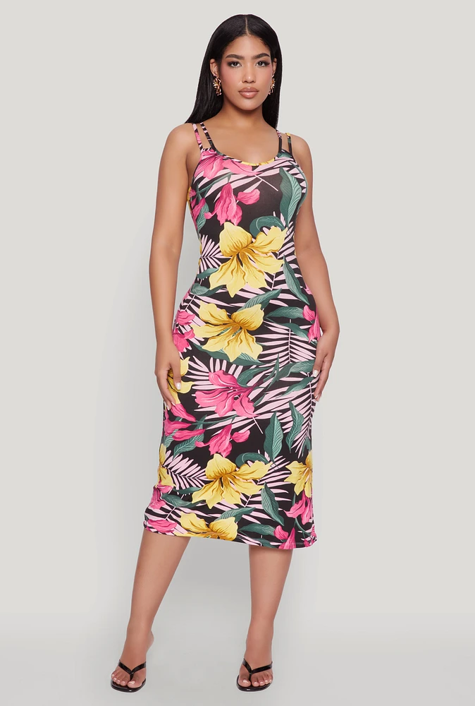 Womens Tropical Floral Print Double Strap Cami Dress, Multi, Size M