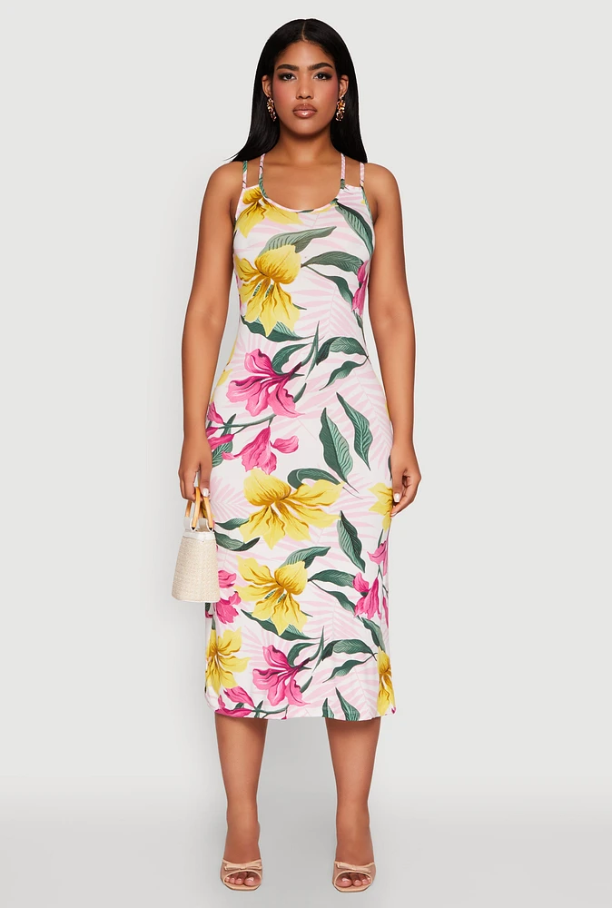 Womens Tropical Floral Print Double Strap Cami Dress, Multi,