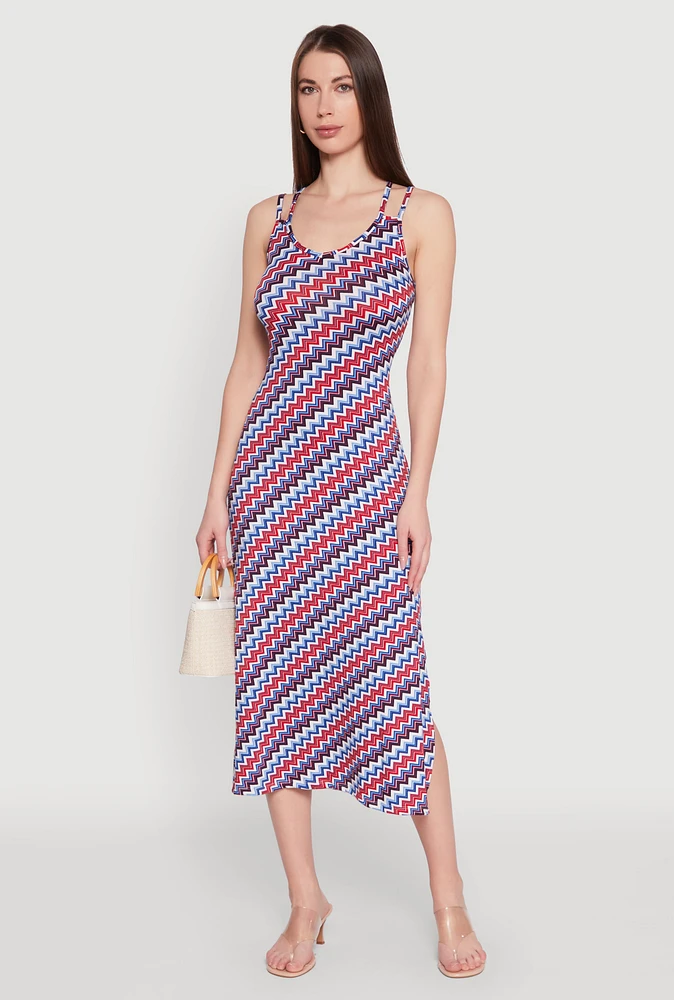 Womens Chevron Print Double Spaghetti Strap Midi Dress, Multi, Size XL