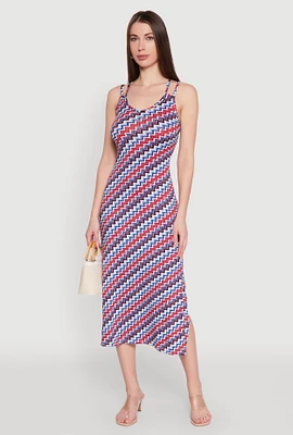 Womens Chevron Print Double Spaghetti Strap Midi Dress, Multi, Size XL