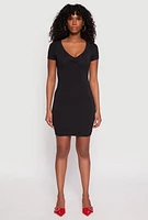 Womens Crepe Knit V Neck Twist Front Mini Dress, Black, Size M