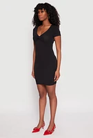 Womens Crepe Knit V Neck Twist Front Mini Dress, Black, Size M