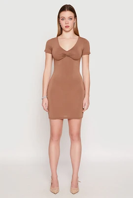 Womens Crepe Knit V Neck Twist Front Mini Dress, Brown,