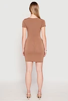 Womens Crepe Knit V Neck Twist Front Mini Dress, Brown, Size S