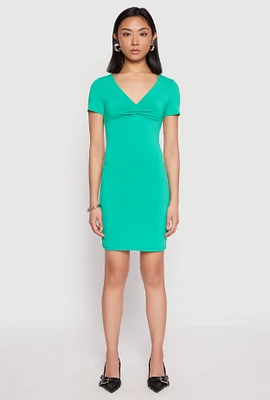 Womens Crepe Knit V Neck Twist Front Mini Dress, Green, Size L
