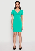 Womens Crepe Knit V Neck Twist Front Mini Dress, Green, Size L