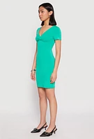 Womens Crepe Knit V Neck Twist Front Mini Dress, Green, Size L