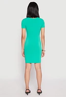 Womens Crepe Knit V Neck Twist Front Mini Dress, Green, Size L