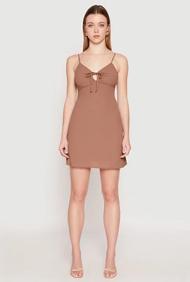 Womens Tie Keyhole Mini Dress, Brown, Size M