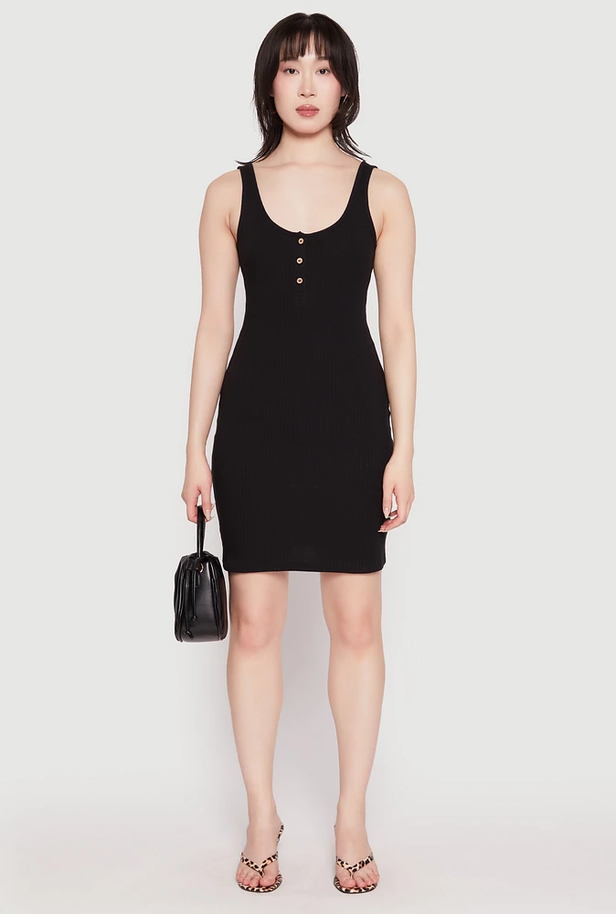 Womens Half Button Mini Tank Dress, Black, Size S