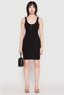 Womens Half Button Mini Tank Dress, Black, Size S