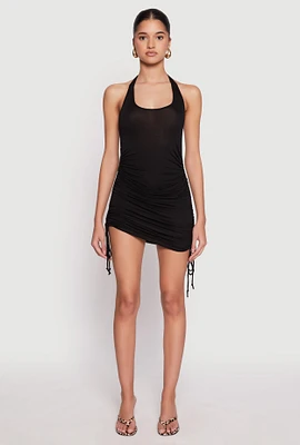 Womens Ruched Side Halter Mini Dress,