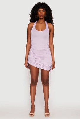 Womens Ruched Side Halter Mini Dress, Purple, Size L