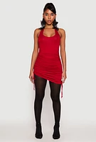 Womens Ruched Side Halter Mini Dress, Red,