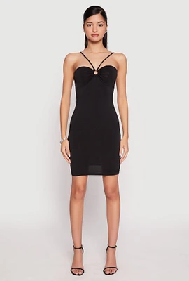 Womens Ruched O Ring Mini Dress, Black, Size S