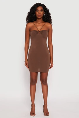 Womens Ruched O Ring Mini Dress, Brown, Size L