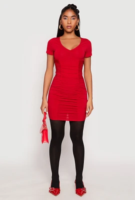 Womens Ruched Short Sleeve Mini Dress, Red, Size L