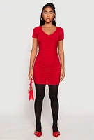 Womens Ruched Short Sleeve Mini Dress, Red, Size L
