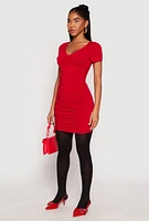 Womens Ruched Short Sleeve Mini Dress, Red, Size L
