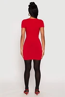 Womens Ruched Short Sleeve Mini Dress, Red, Size L