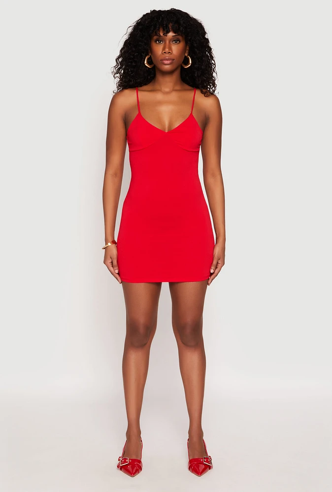 Womens V Neck Cami Bodycon Dress, Red, Size L