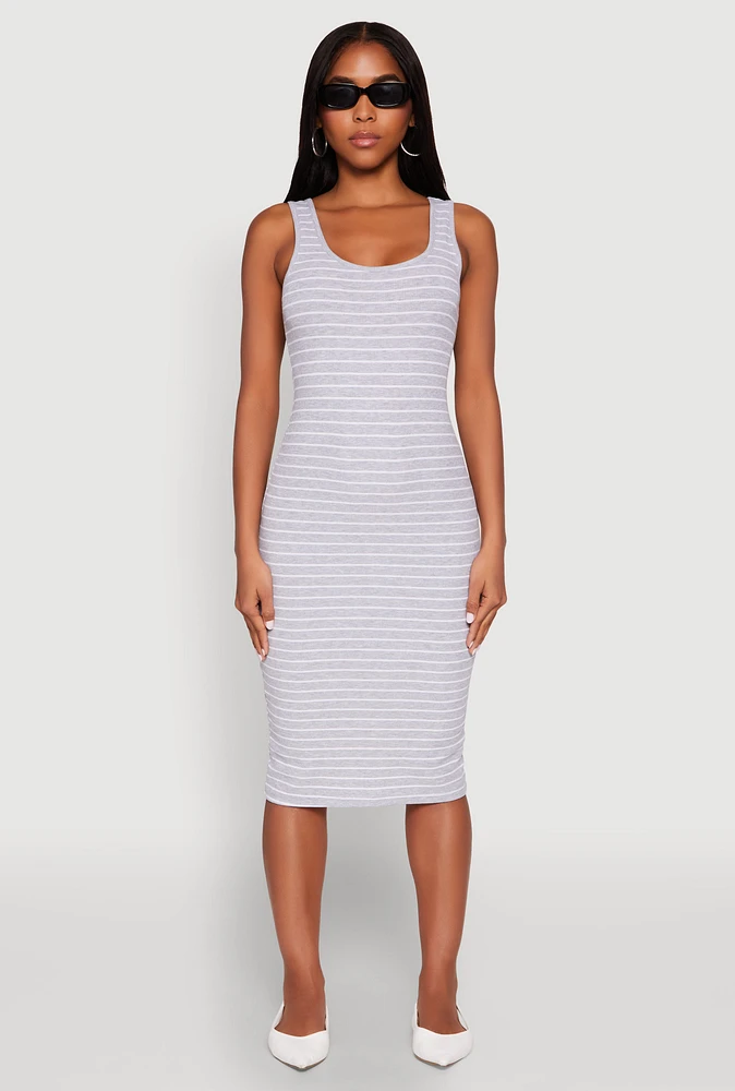 Womens Striped Scoop Neck Midi Dress, Grey, Size M