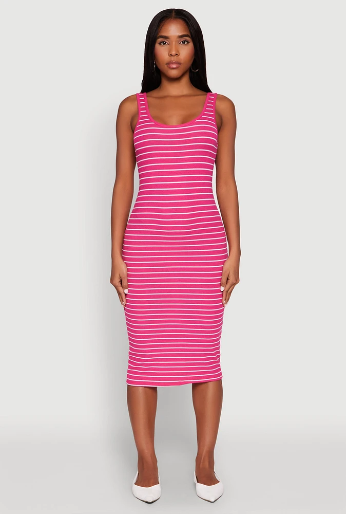 Womens Striped Scoop Neck Midi Dress, Pink, Size M