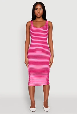 Womens Striped Scoop Neck Midi Dress, Pink, Size M