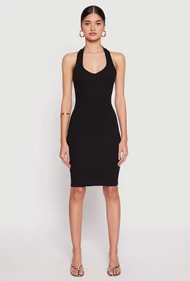 Womens Ribbed Knit Halter Midi Dress, Black, Size S
