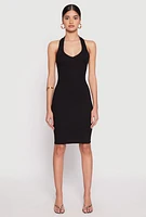 Womens Ribbed Knit Halter Midi Dress, Black, Size S