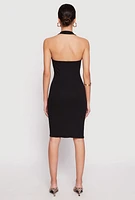 Womens Ribbed Knit Halter Midi Dress, Black, Size S