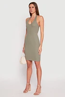 Womens Ribbed Knit Halter Midi Dress, Green, Size L