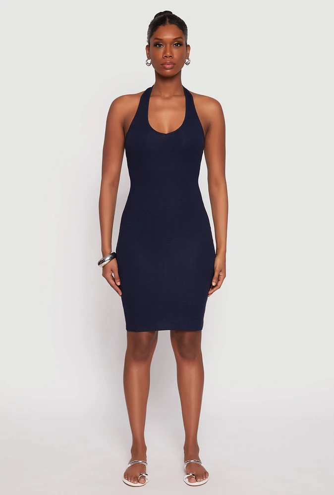 Womens Ribbed Knit Halter Midi Dress, Blue,