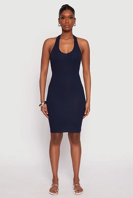 Womens Ribbed Knit Halter Midi Dress, Blue,