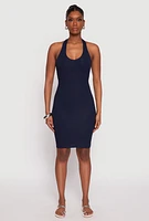 Womens Ribbed Knit Halter Midi Dress, Blue,