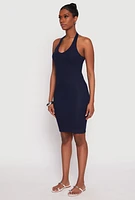 Womens Ribbed Knit Halter Midi Dress, Blue,