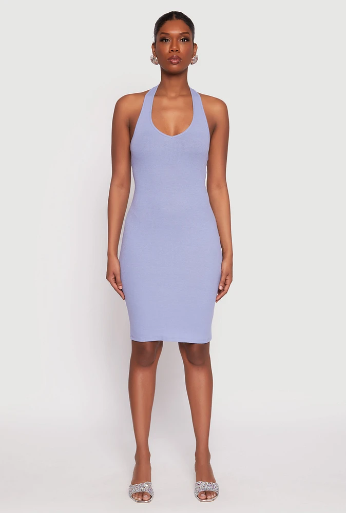 Womens Ribbed Knit Halter Midi Dress, S