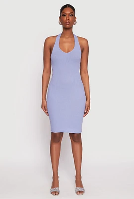 Womens Ribbed Knit Halter Midi Dress,