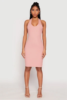 Womens Ribbed Knit Halter Midi Dress, Pink, Size L