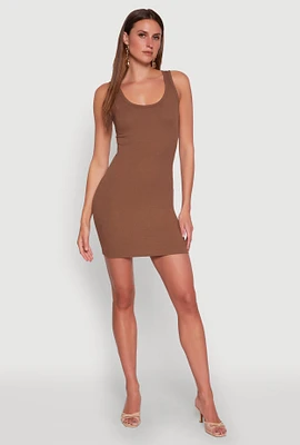 Womens Rib Knit Scoop Neck Tank Mini Dress, Brown, Size L